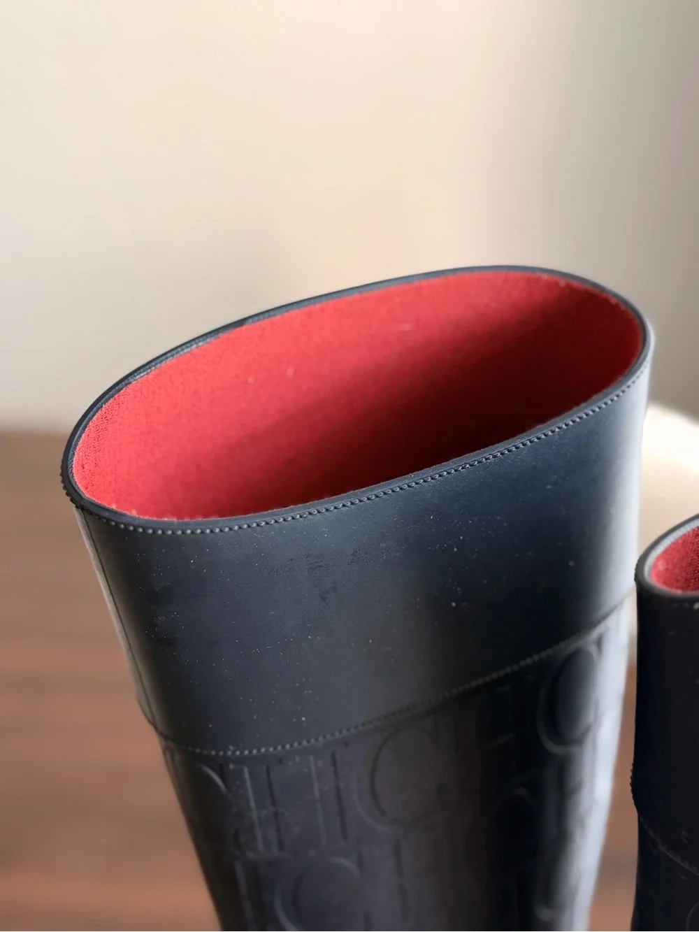 Carolina Herrera Black Tall Embossed Rain Boots with Red Trim
